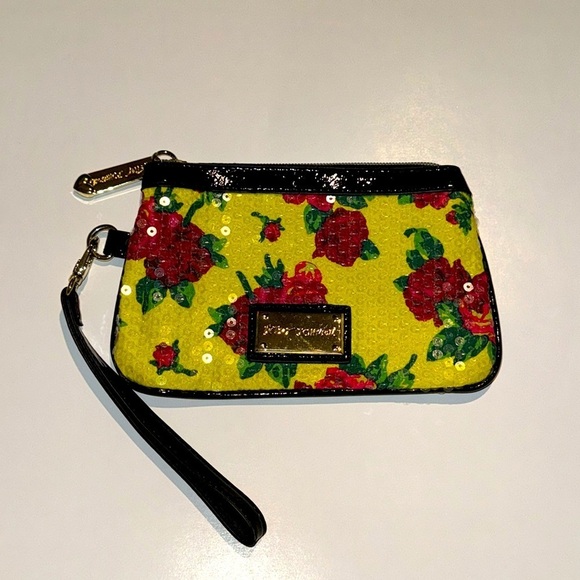 Betsey Johnson Handbags - Betsey Johnson Twinkle Toes‎ Wristlet - Sequins - Yellow with Red Roses